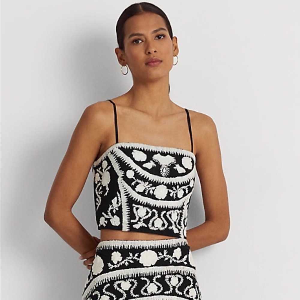 Lauren- Ralph Lauren Black and White Embroidered Floral Crop Top